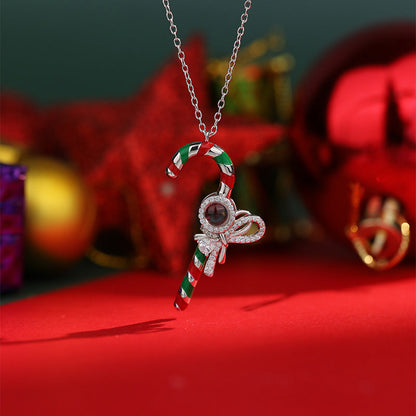 Personalized Christmas Gift Candy Cane Pendant Necklace With Photo Inside