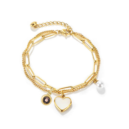 Double Bracelet with Heart and Pearl Charms