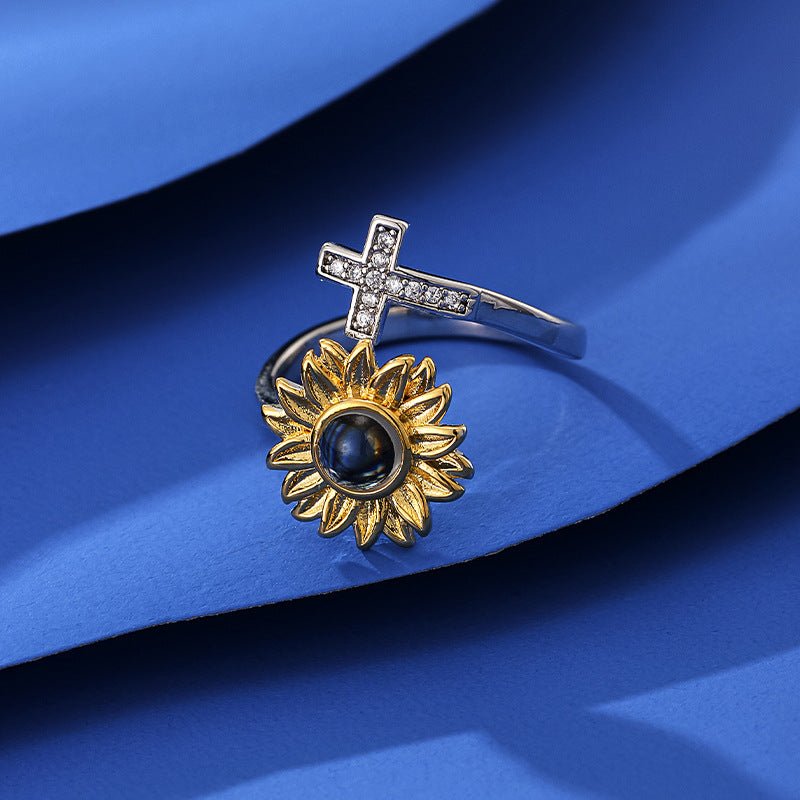 Sunflower & Cross Photo Ring