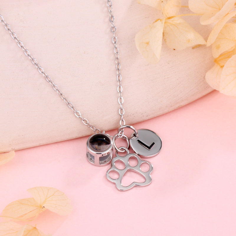 Personalized Photo Necklace With Initial And Paw Print Pendants