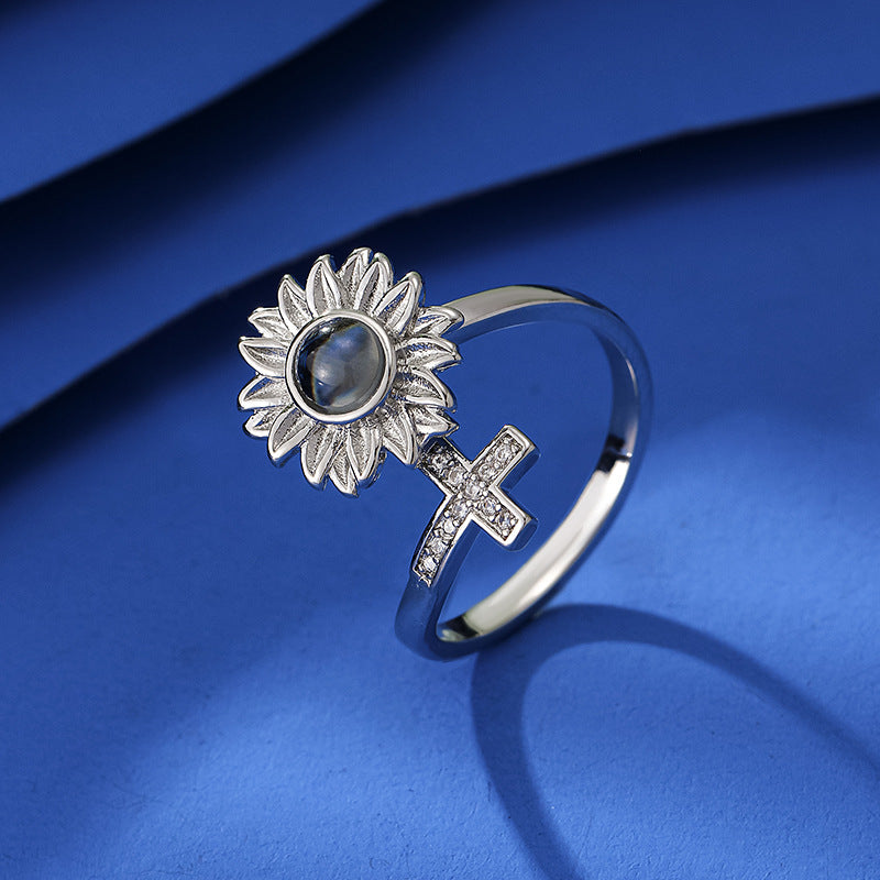 Sunflower & Cross Photo Ring