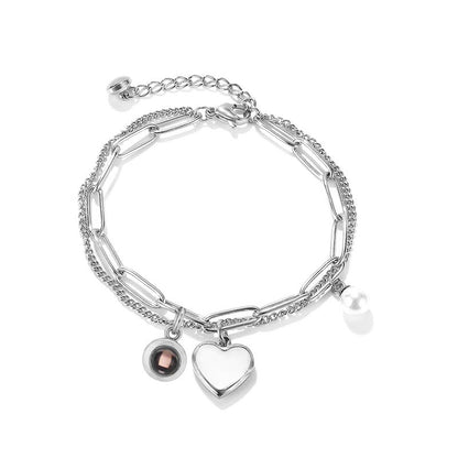 Double Bracelet with Heart and Pearl Charms