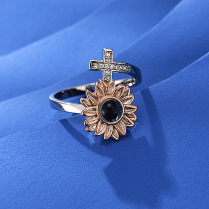 Sunflower & Cross Photo Ring