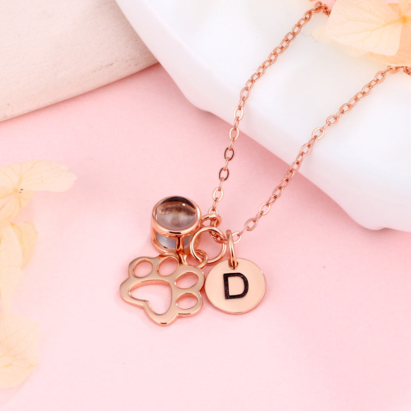 Personalized Photo Necklace With Initial And Paw Print Pendants