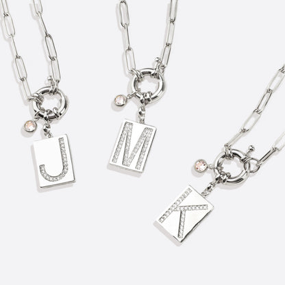 Pave Initial Pendant Necklace with Paperclip Chain