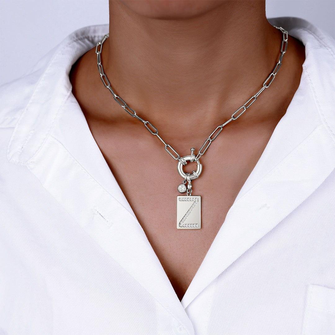 Pave Initial Pendant Necklace with Paperclip Chain