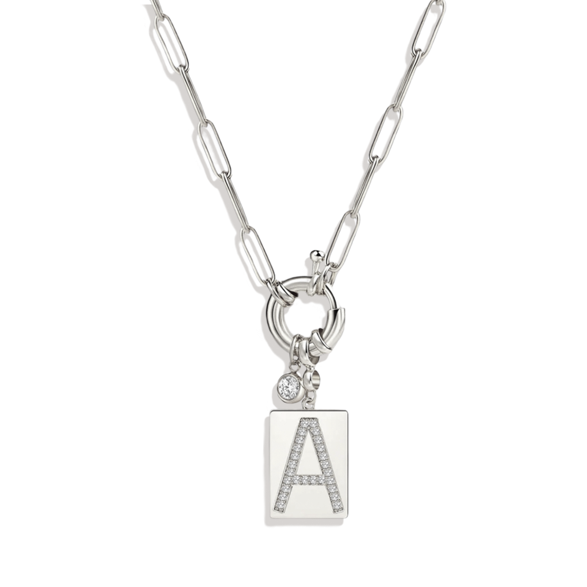 Pave Initial Pendant Necklace with Paperclip Chain