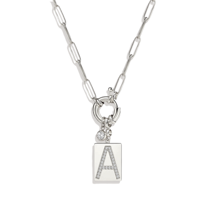 Pave Initial Pendant Necklace with Paperclip Chain