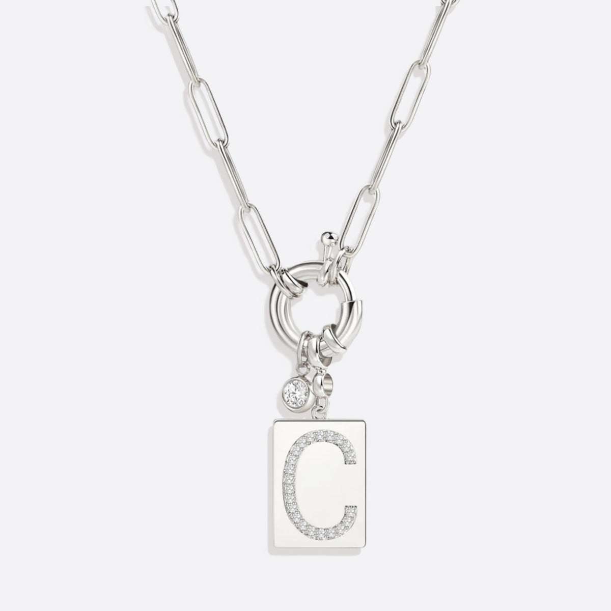 Pave Initial Pendant Necklace with Paperclip Chain