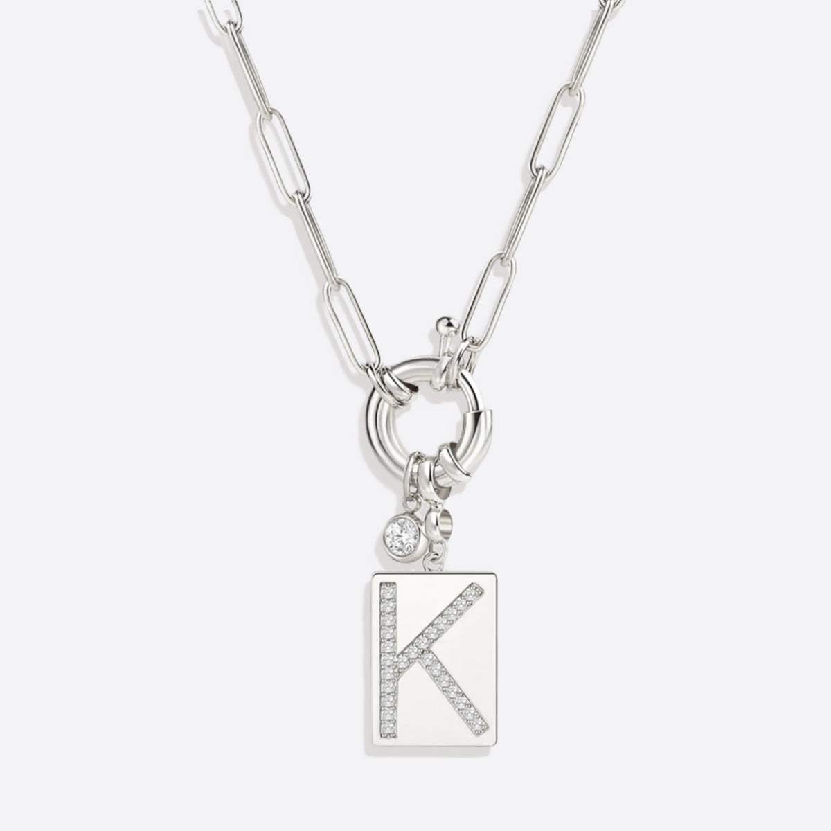 Pave Initial Pendant Necklace with Paperclip Chain