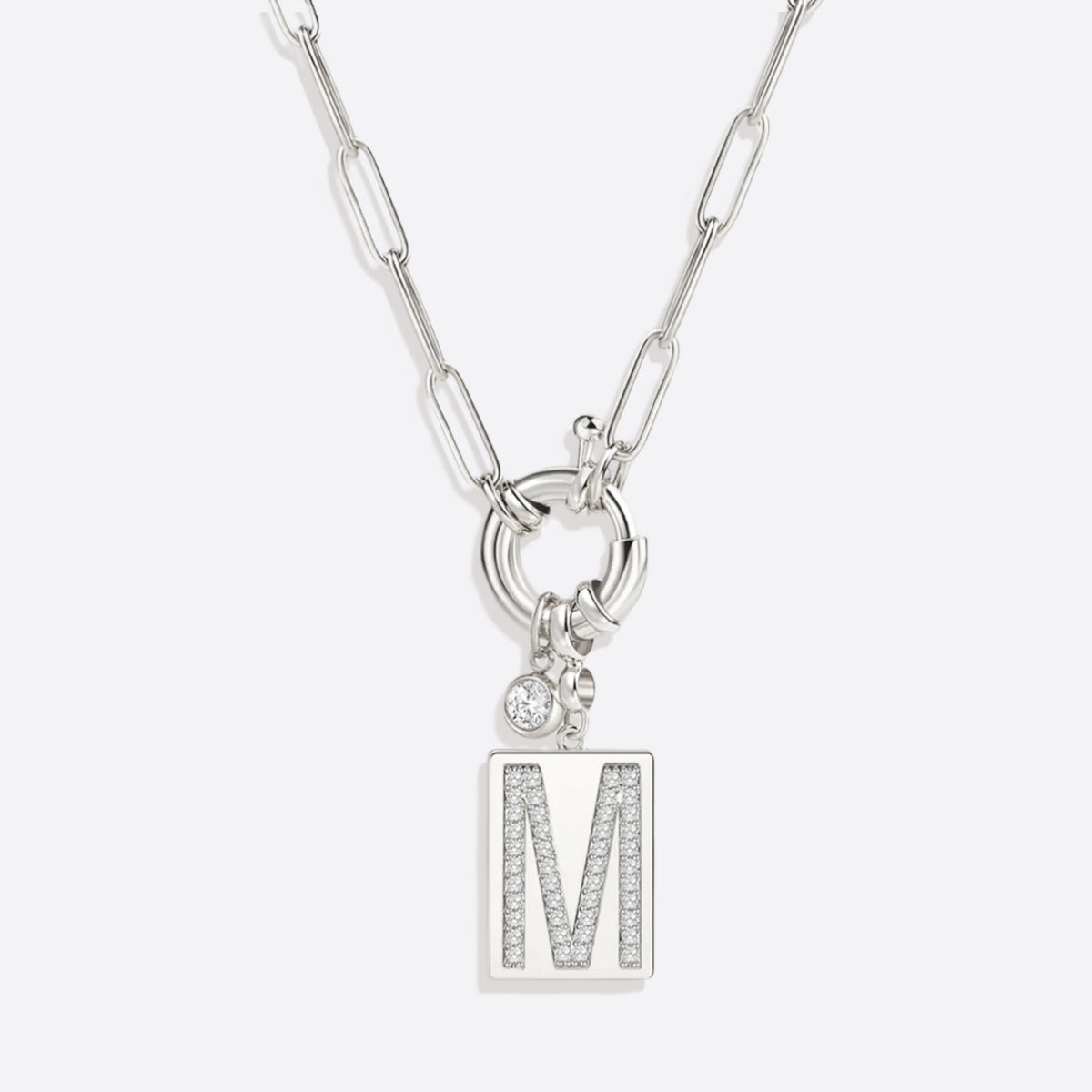 Pave Initial Pendant Necklace with Paperclip Chain