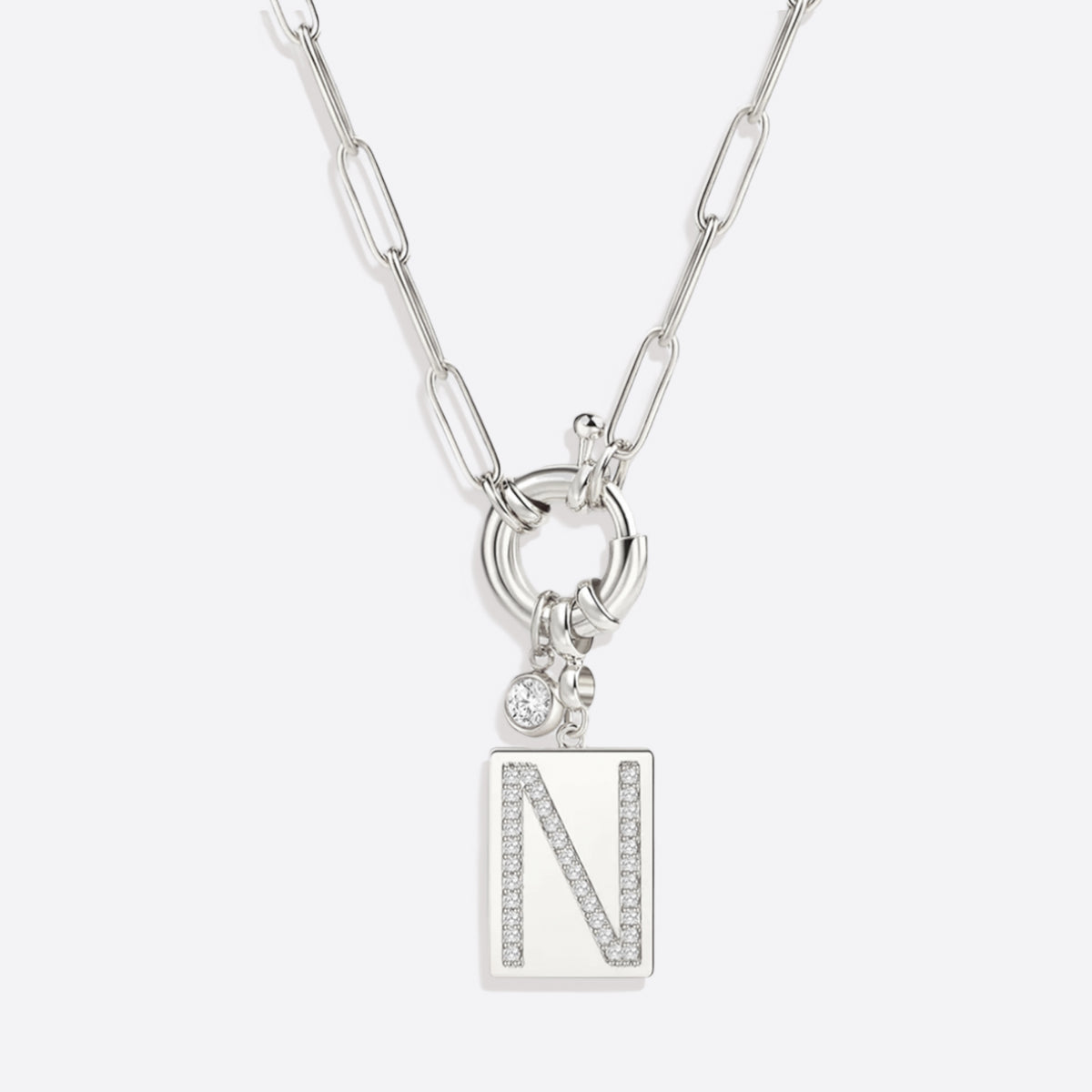 Pave Initial Pendant Necklace with Paperclip Chain