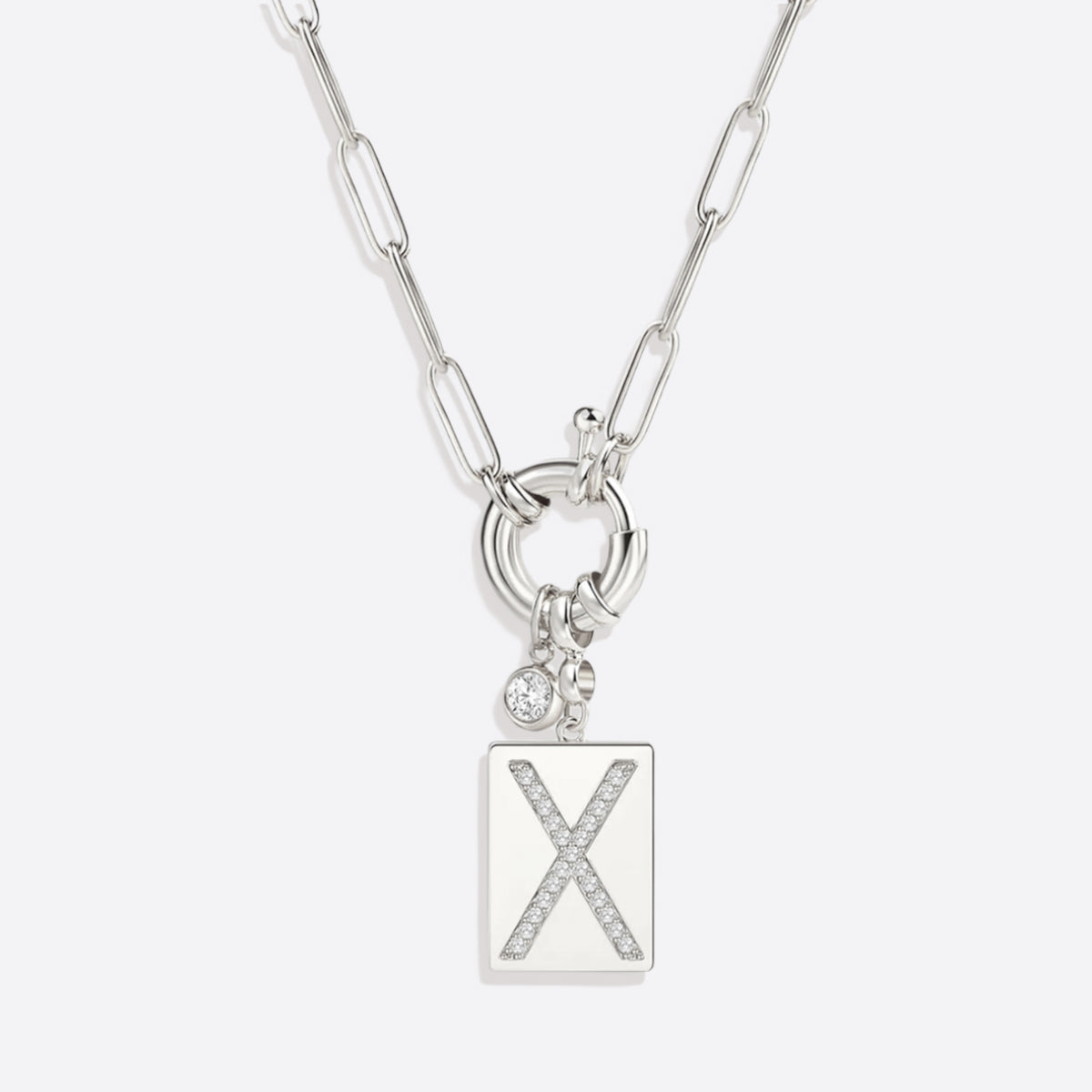 Pave Initial Pendant Necklace with Paperclip Chain