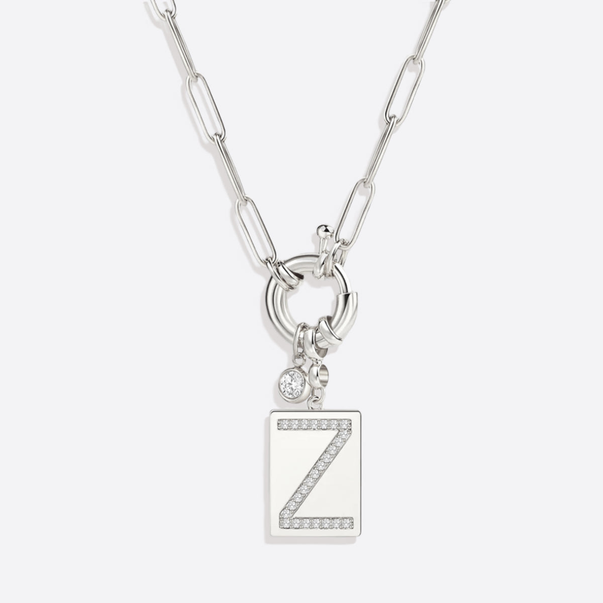 Pave Initial Pendant Necklace with Paperclip Chain