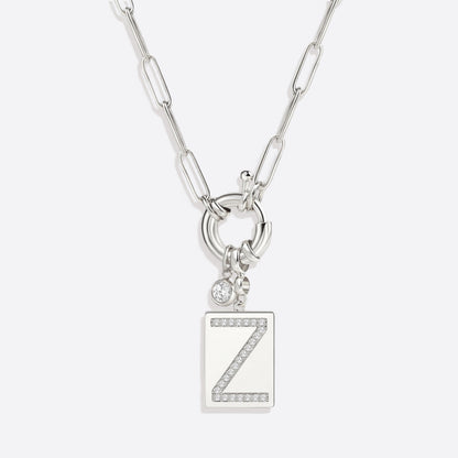 Pave Initial Pendant Necklace with Paperclip Chain