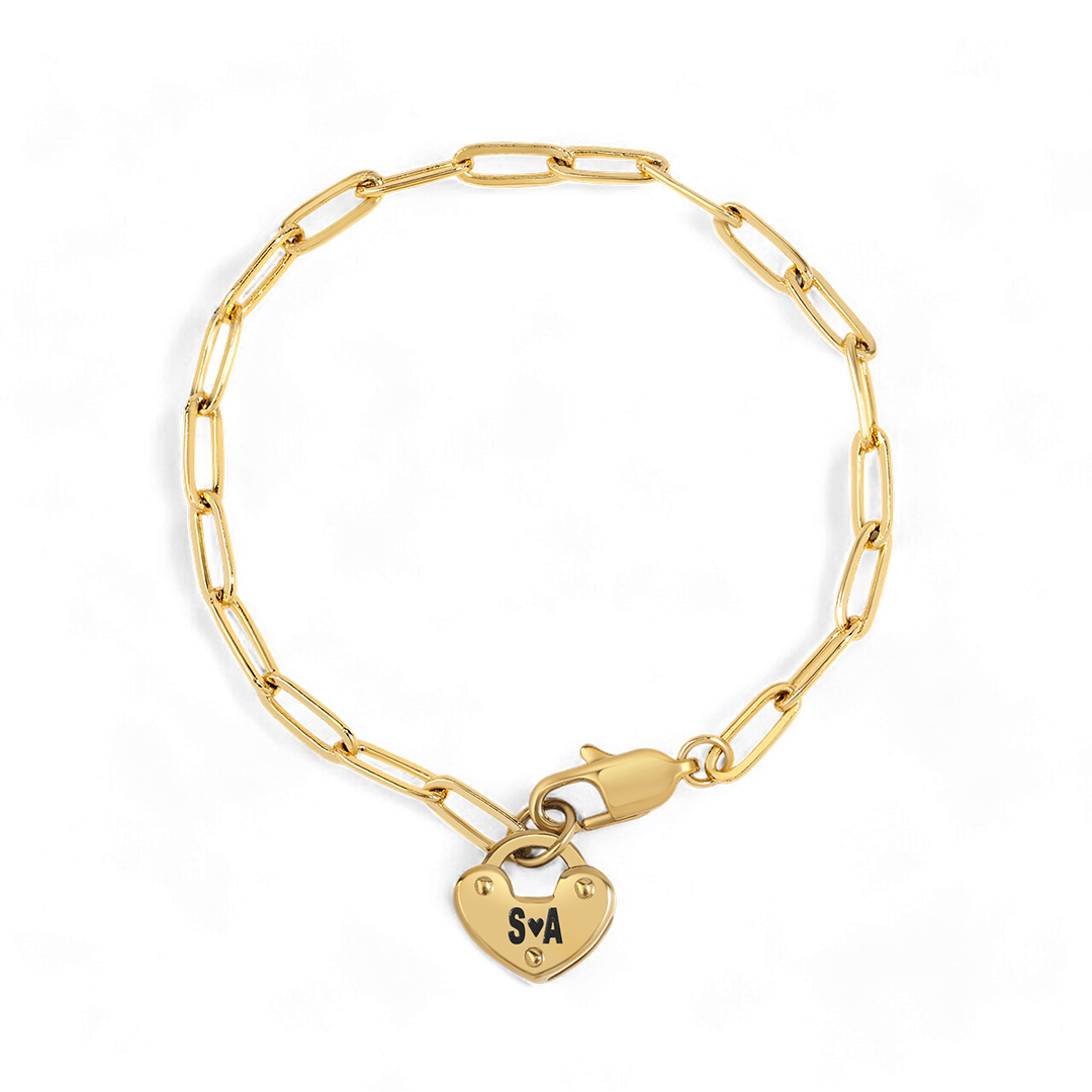 Personalized Padlock Heart on Paperclip Chain Bracelet