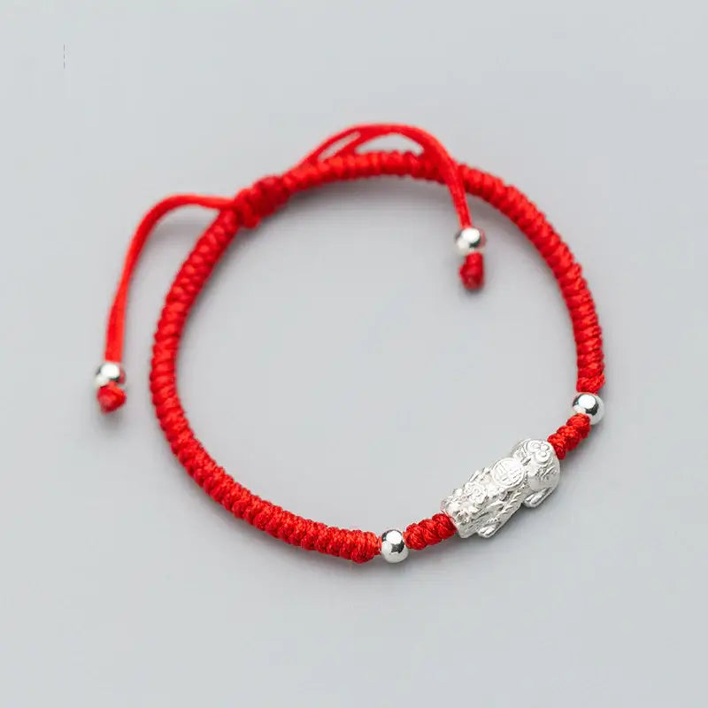 Red String Silver Pixiu Bracelet - Attract Windfall Luck