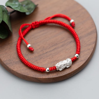 Red String Silver Pixiu Bracelet - Attract Windfall Luck