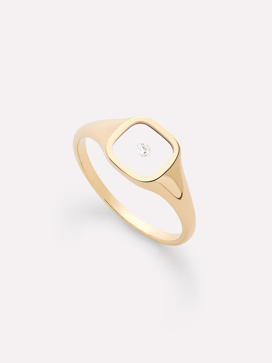 Solid Yellow Gold - Floating Diamond Signet Ring