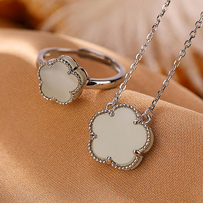 Buddha Stones 925 Sterling Silver Plated Gold Natural Hetian Jade Flower Luck Necklace Pendant Ring Set