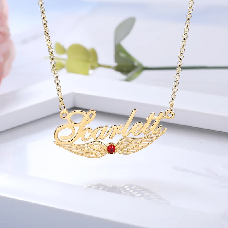 Angel Wings Personalised Name Necklace with Birthstone, Name Jewellery for Her, Custom Name Necklace Silver/Gold/Rose Gold