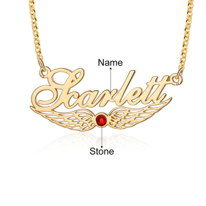 Angel Wings Personalised Name Necklace with Birthstone, Name Jewellery for Her, Custom Name Necklace Silver/Gold/Rose Gold