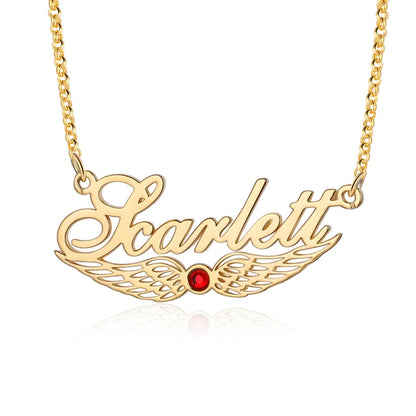 Angel Wings Personalised Name Necklace with Birthstone, Name Jewellery for Her, Custom Name Necklace Silver/Gold/Rose Gold