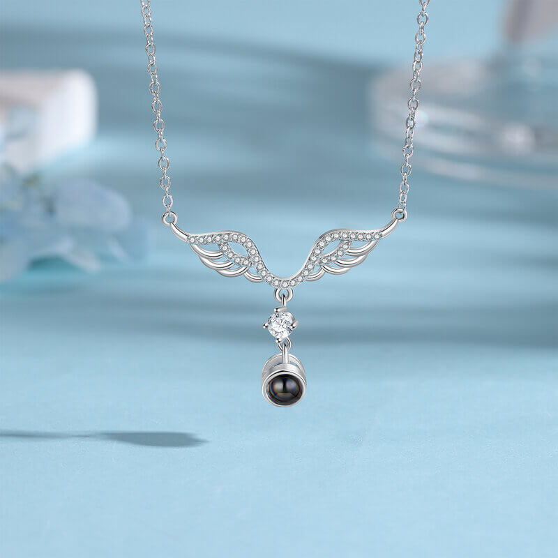 Birthstone Angel Wings Photo Projection Necklace with Picture Inside