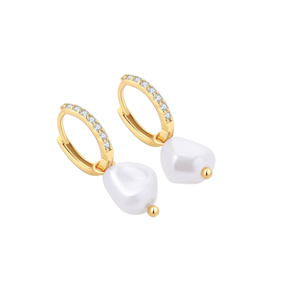 Freshwater Pearl Drop Pave Huggie Earrings