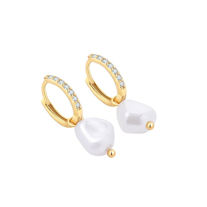 Freshwater Pearl Drop Pave Huggie Earrings