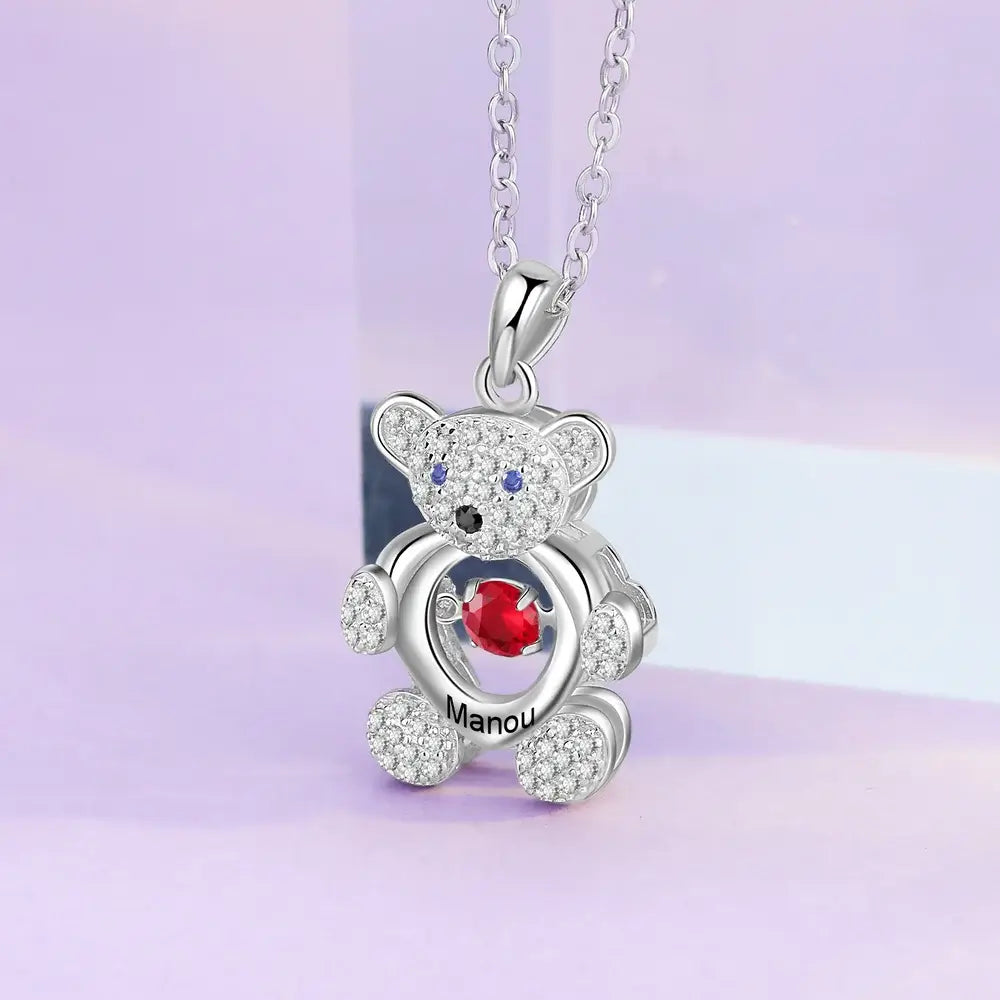 Bear Pendant Personalised Necklace for Mum, Swing Up and Down Birthstone Mum Necklace with Names, Name Engraved Necklaces for Mothers