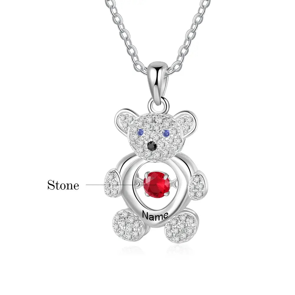 Bear Pendant Personalised Necklace for Mum, Swing Up and Down Birthstone Mum Necklace with Names, Name Engraved Necklaces for Mothers