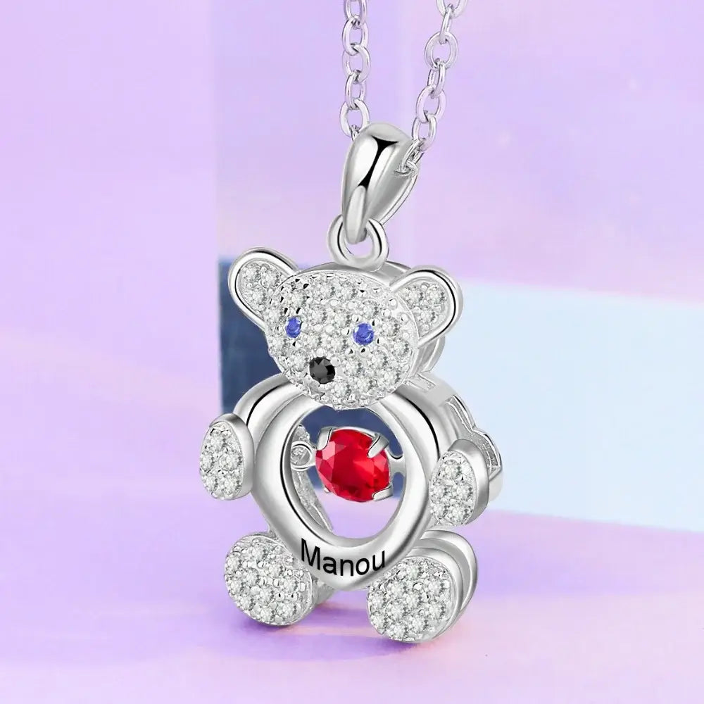 Bear Pendant Personalised Necklace for Mum, Swing Up and Down Birthstone Mum Necklace with Names, Name Engraved Necklaces for Mothers