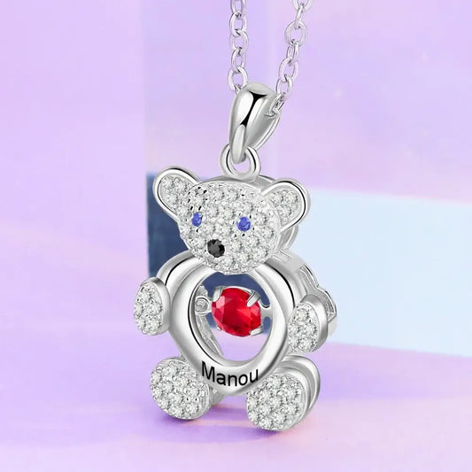 Bear Pendant Personalised Necklace for Mum, Swing Up and Down Birthstone Mum Necklace with Names, Name Engraved Necklaces for Mothers