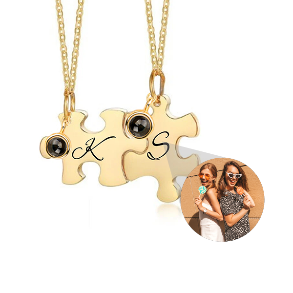 Puzzle Piece and Initial Photo Necklace, Set of 2