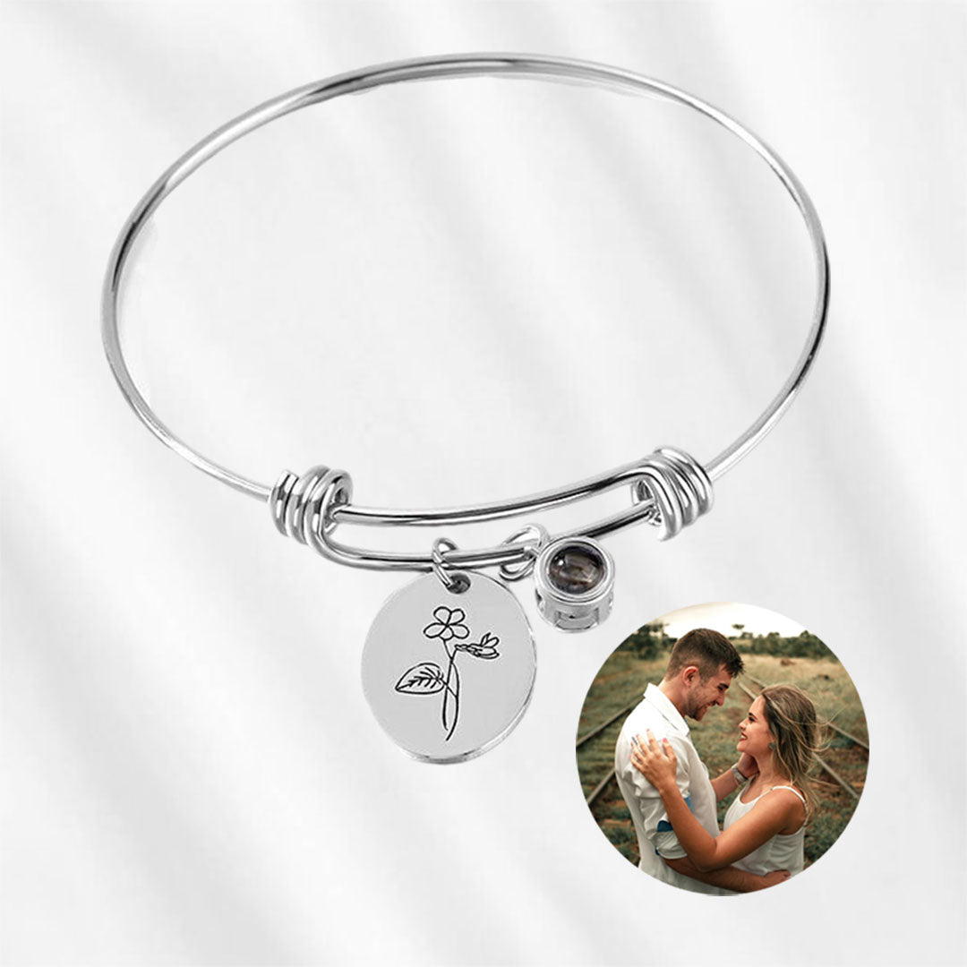 Bracelet with Picture inside Birth Flower Bangle