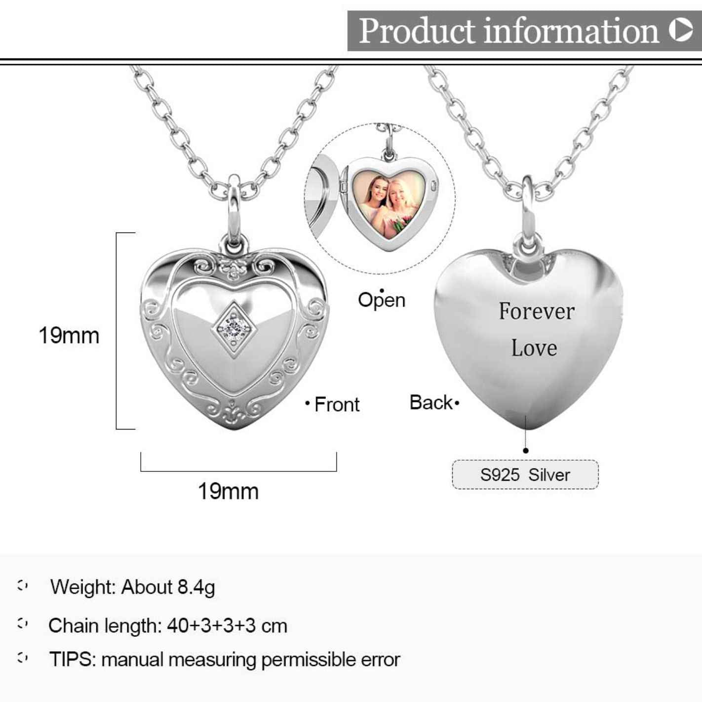 Heart Photo Locket Necklace with Picture Inside - Silver