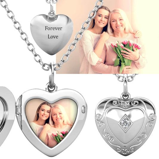 Heart Photo Locket Necklace with Picture Inside - Silver