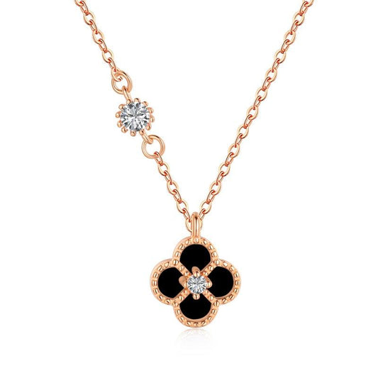 Black Onyx Clover Necklace Rose Gold