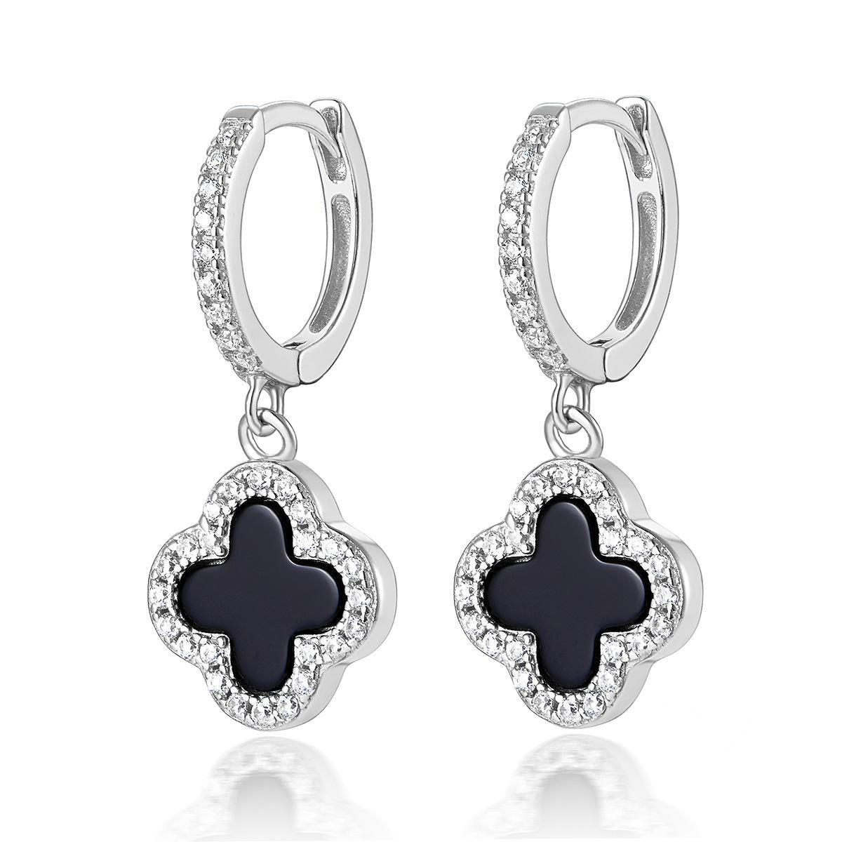 BLACK ONYX DIAMANTE CLOVER HUGGIE HOOP EARRINGS