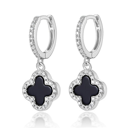 BLACK ONYX DIAMANTE CLOVER HUGGIE HOOP EARRINGS