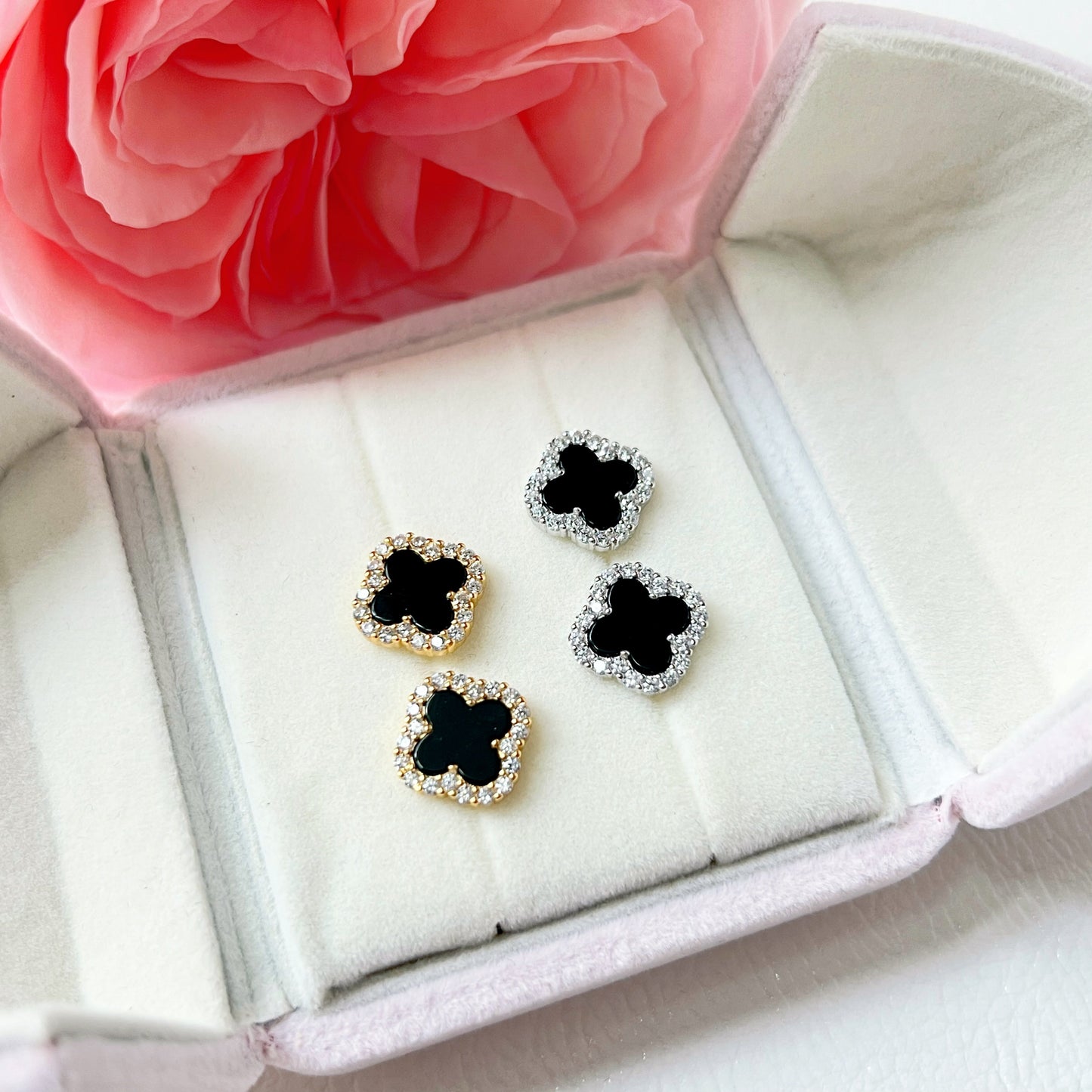 Black Onyx Diamanté Clover Stud Earrings