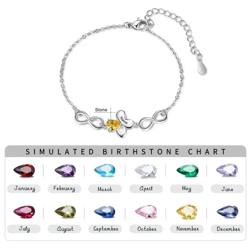 Butterfly & Infinity Charm Personalized Birthstone Bracelet | Engraved Name Bracelet | Up to 6 Birthstone and Names