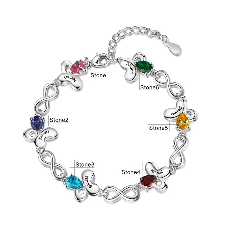 Butterfly & Infinity Charm Personalized Birthstone Bracelet | Engraved Name Bracelet | Up to 6 Birthstone and Names