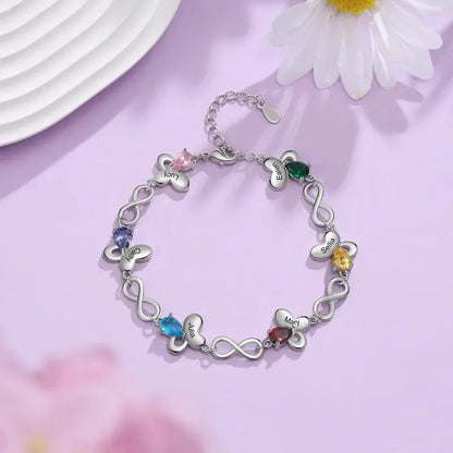 Butterfly & Infinity Charm Personalized Birthstone Bracelet | Engraved Name Bracelet | Up to 6 Birthstone and Names