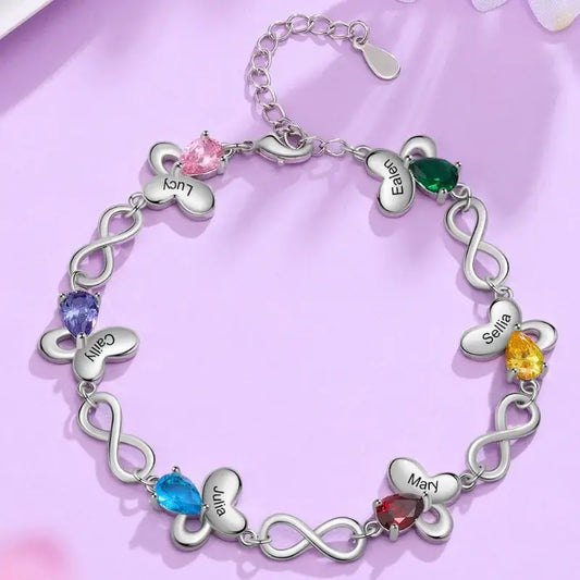 Butterfly & Infinity Charm Personalized Birthstone Bracelet | Engraved Name Bracelet | Up to 6 Birthstone and Names