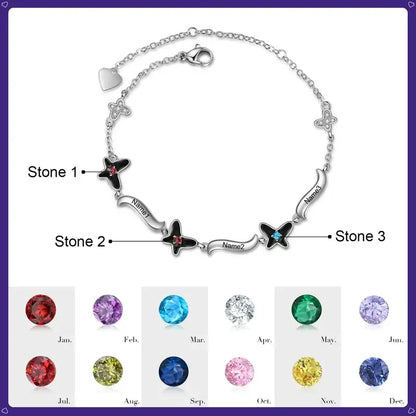 Butterfly Pendant Personalized Birthstone Bracelet with Engraved Name | Up to 4 Birthstones and Names