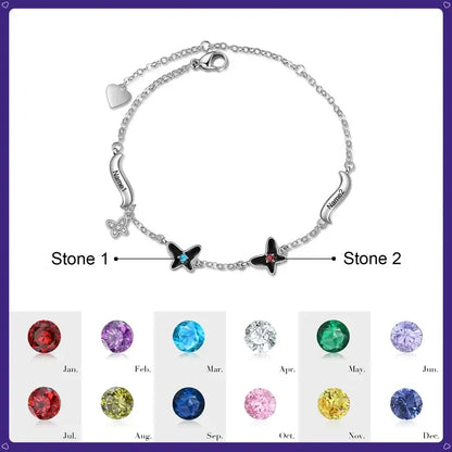 Butterfly Pendant Personalized Birthstone Bracelet with Engraved Name | Up to 4 Birthstones and Names