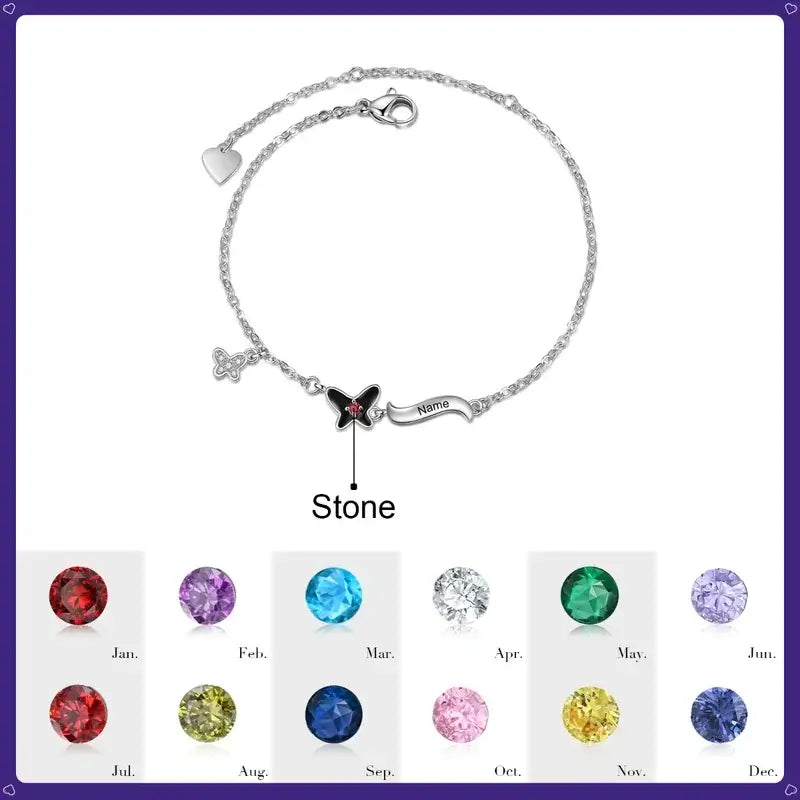 Butterfly Pendant Personalized Birthstone Bracelet with Engraved Name | Up to 4 Birthstones and Names