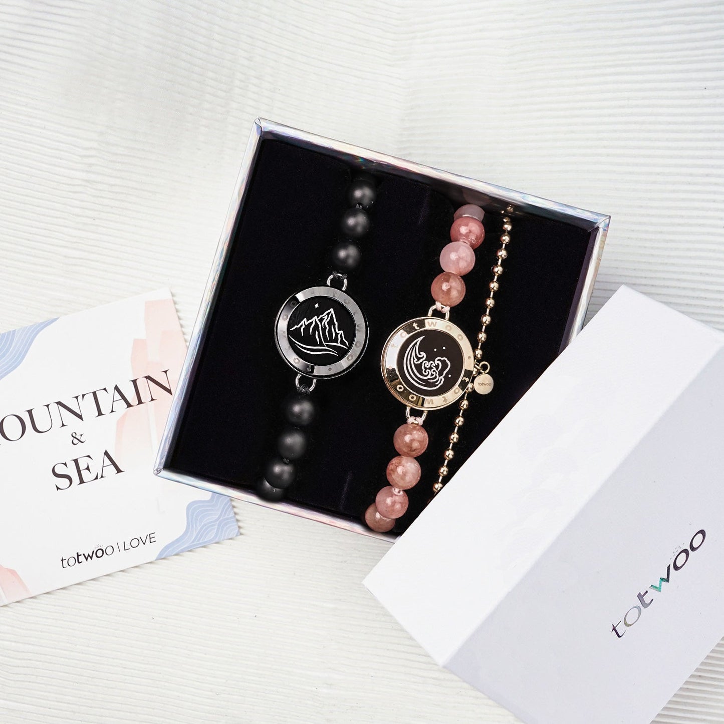 Mountain & Sea Touch Bracelets with Beaded Black Agate and Pink Persian Jade